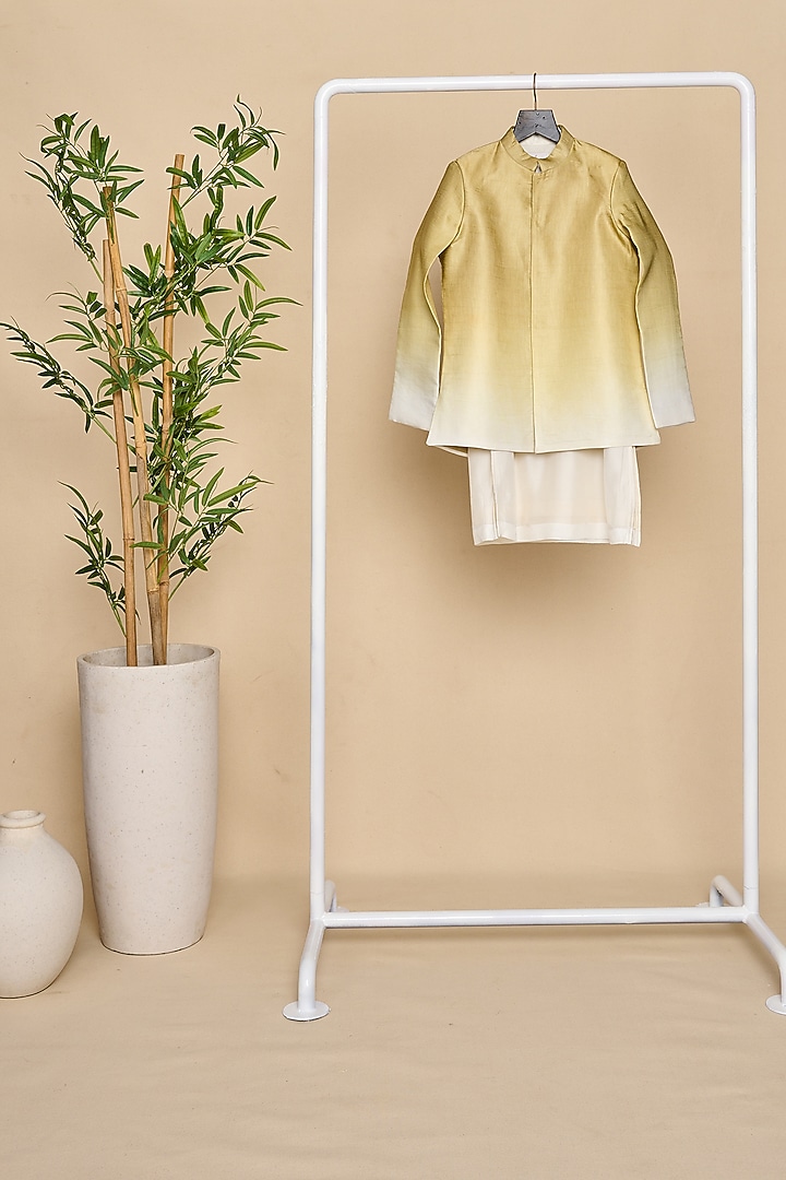Olive Green & White Silk Satin Ombre Bandhgala Set For Boys by All Boy Couture at Pernia's Pop Up Shop