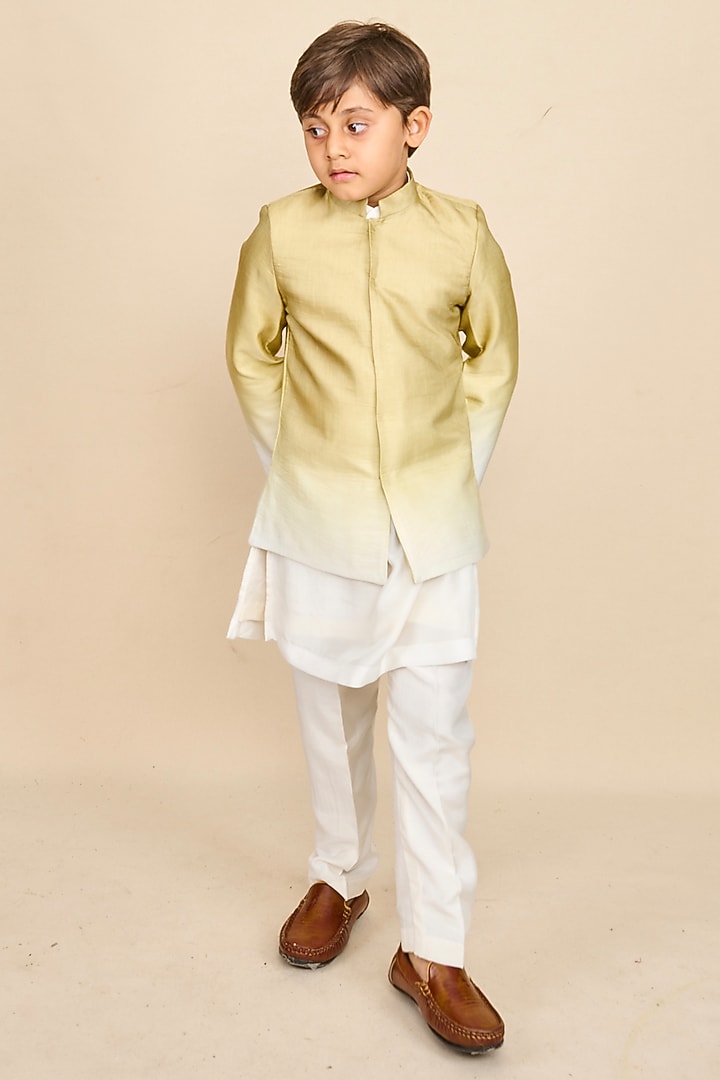 Olive Green & White Silk Satin Ombre Bandhgala Set For Boys by All Boy Couture at Pernia's Pop Up Shop