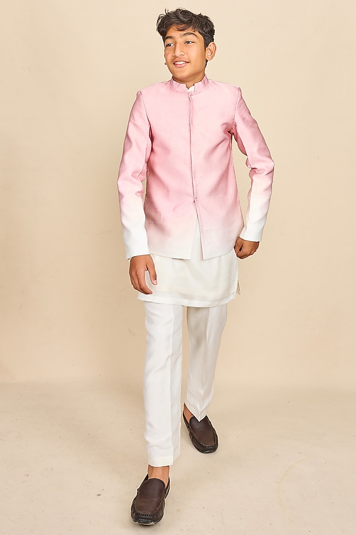 Soft Rose Pink & White Silk Satin Ombre Bandhgala Set For Boys by All Boy Couture