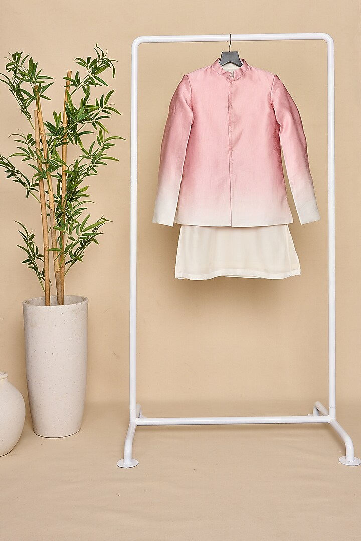 Soft Rose Pink & White Silk Satin Ombre Bandhgala Set For Boys by All Boy Couture at Pernia's Pop Up Shop