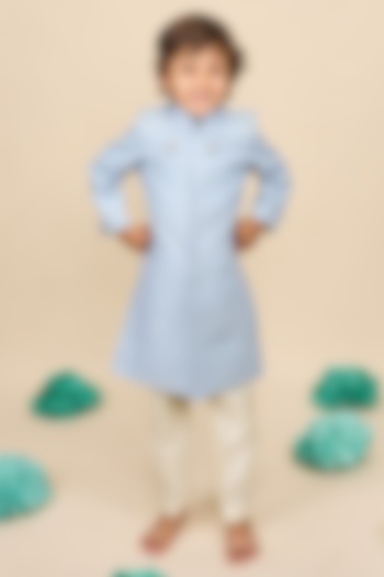 Sky Blue Cotton Matka Thread & Sequins Embroidered Achkan Kurta Set For Boys by All Boy Couture at Pernia's Pop Up Shop