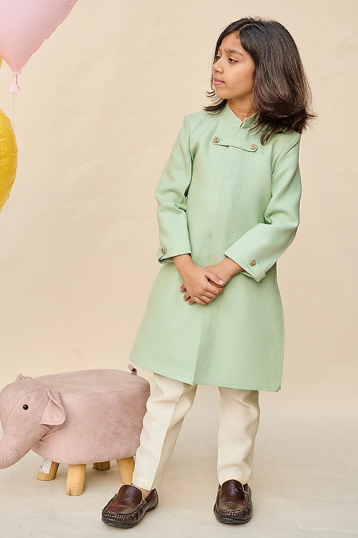 Mint Green Cotton Matka Thread & Sequins Embroidered Achkan Kurta Set For Boys by All Boy Couture at Pernia's Pop Up Shop