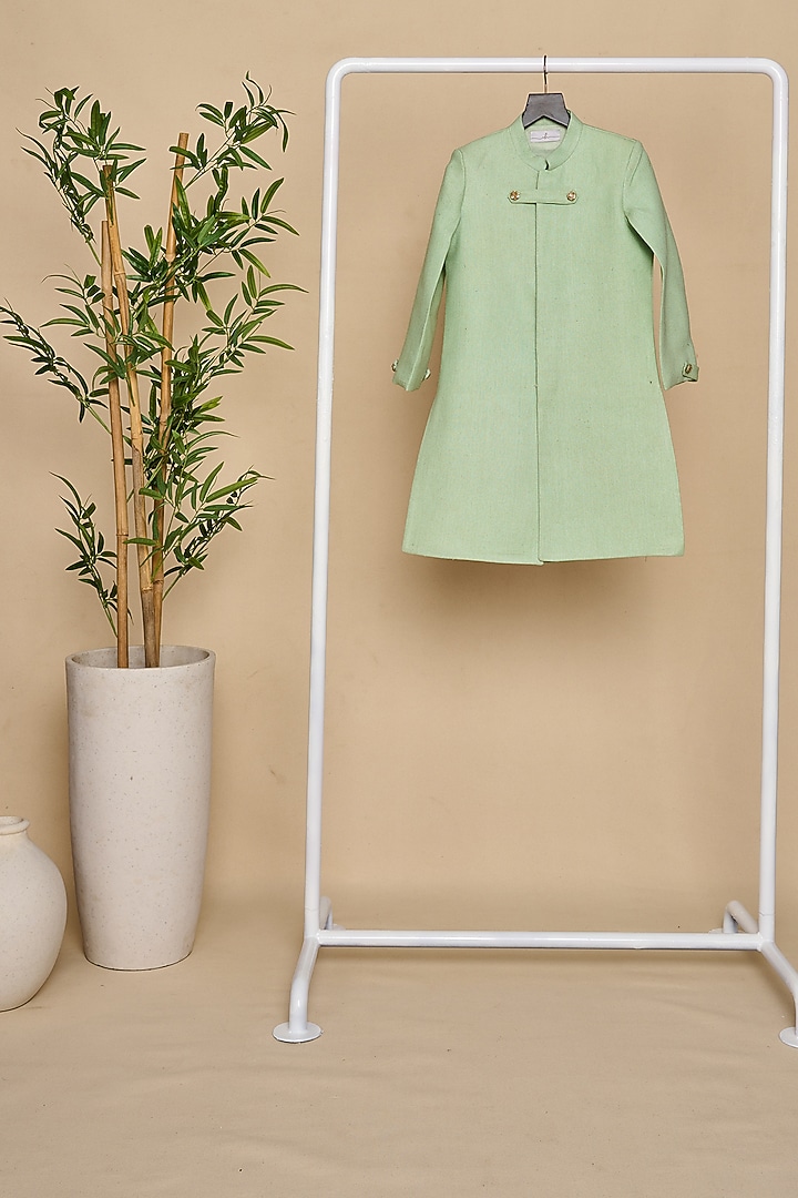 Mint Green Cotton Matka Thread & Sequins Embroidered Achkan Kurta Set For Boys by All Boy Couture at Pernia's Pop Up Shop