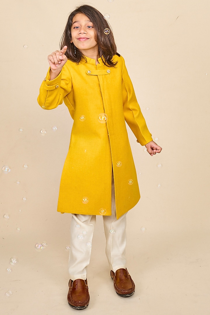 Bright Yellow Cotton Matka Thread & Sequins Embroidered Achkan Kurta Set For Boys by All Boy Couture at Pernia's Pop Up Shop