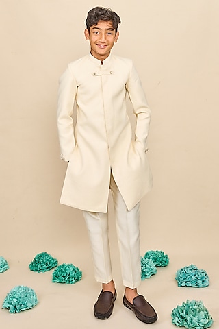 Ivory Cotton Matka Thread & Sequins Embroidered Achkan Kurta Set For Boys by All Boy Couture