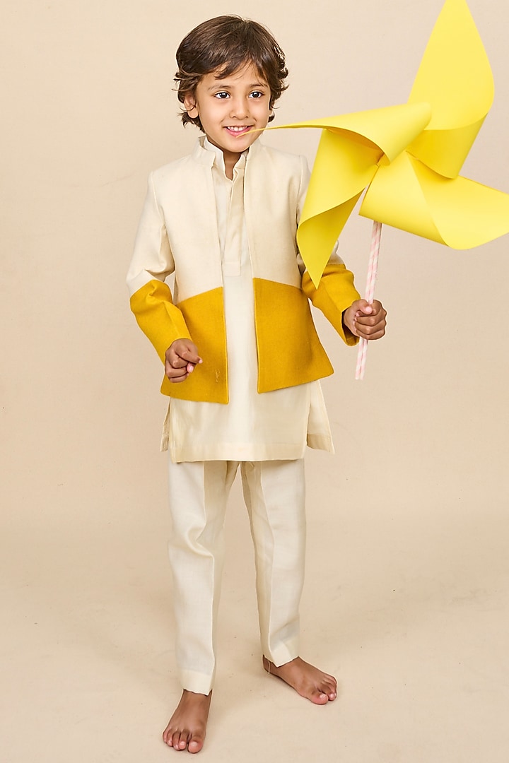 Ivory & Yellow Cotton Matka Jodhpuri Set For Boys by All Boy Couture