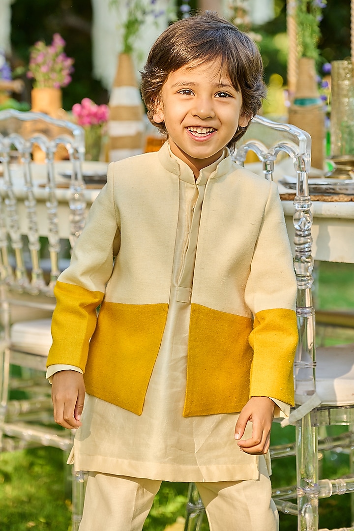 Ivory & Yellow Cotton Matka Jodhpuri Set For Boys by All Boy Couture at Pernia's Pop Up Shop