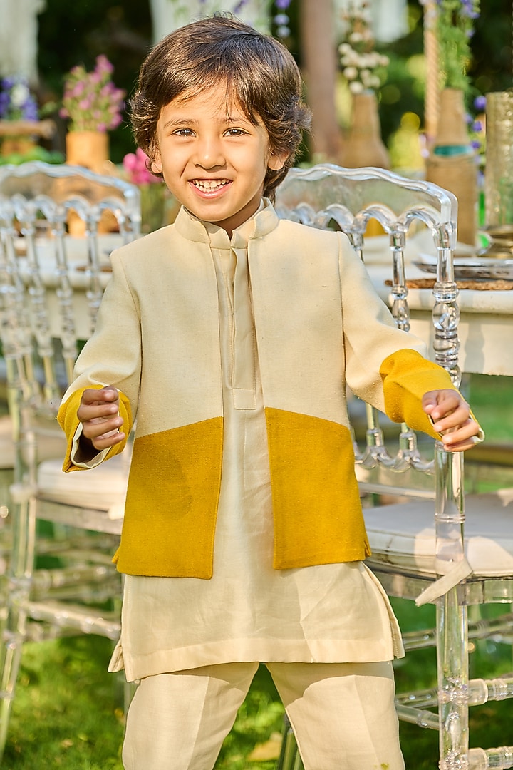 Ivory & Yellow Cotton Matka Jodhpuri Set For Boys by All Boy Couture at Pernia's Pop Up Shop