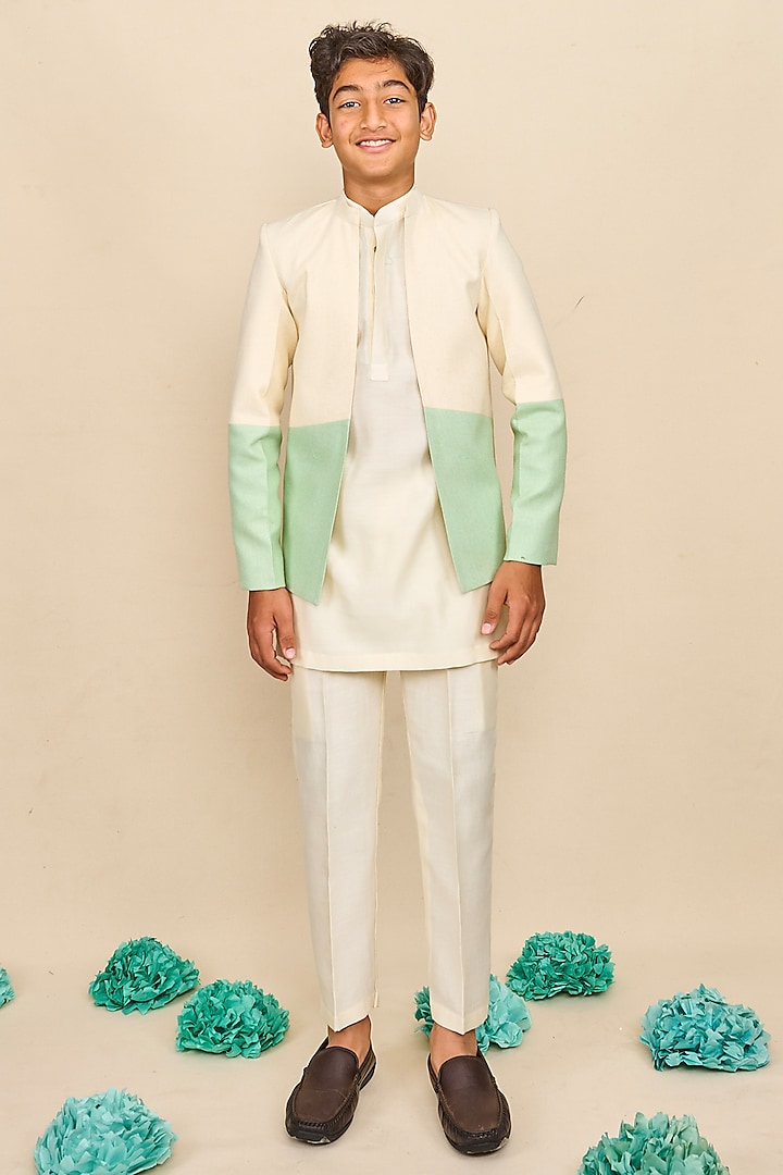 Ivory & Mint Green Cotton Matka Jodhpuri Set For Boys by All Boy Couture