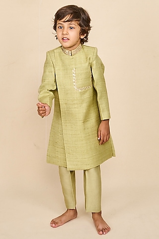 Pistachio Green Double Matka Thread & Sequins Embroidered Achkan Kurta Set For Boys by All Boy Couture