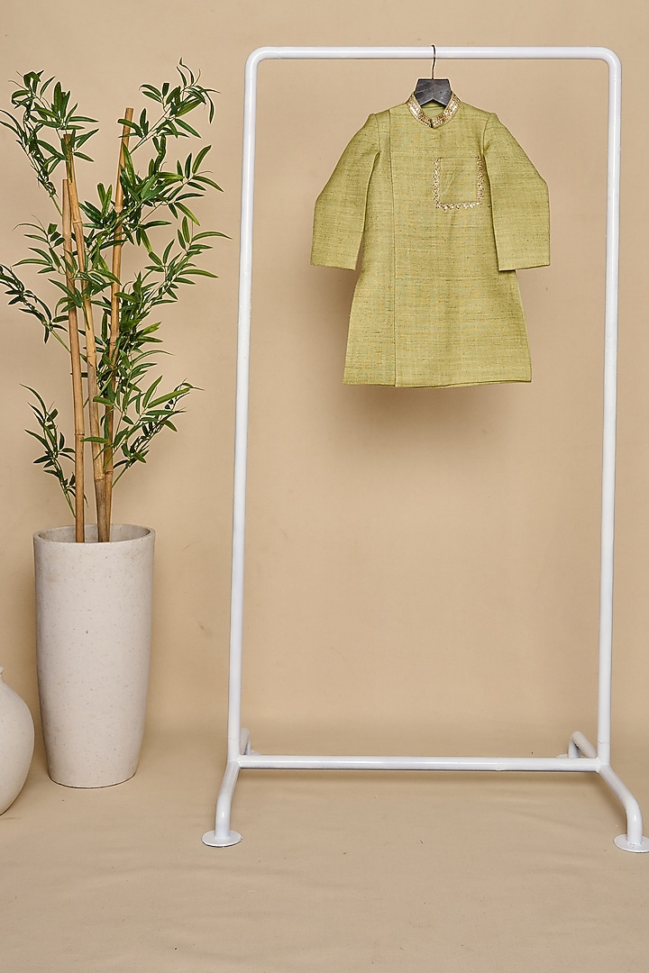 Pistachio Green Double Matka Thread & Sequins Embroidered Achkan Kurta Set For Boys by All Boy Couture at Pernia's Pop Up Shop