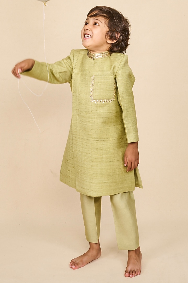 Pistachio Green Double Matka Thread & Sequins Embroidered Achkan Kurta Set For Boys by All Boy Couture at Pernia's Pop Up Shop