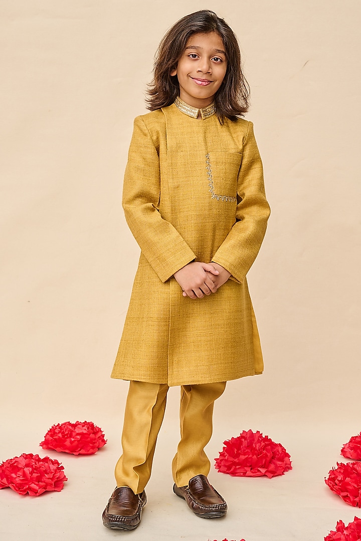 Marigold Yellow Double Matka Thread & Sequins Embroidered Achkan Kurta Set For Boys by All Boy Couture at Pernia's Pop Up Shop