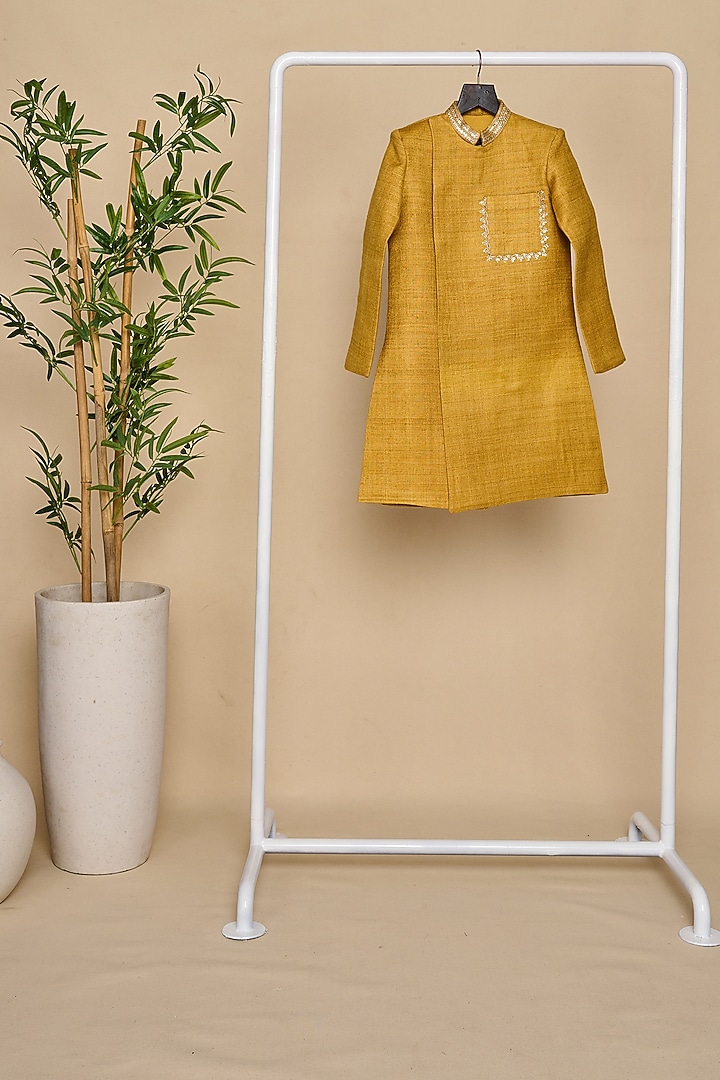 Marigold Yellow Double Matka Thread & Sequins Embroidered Achkan Kurta Set For Boys by All Boy Couture at Pernia's Pop Up Shop
