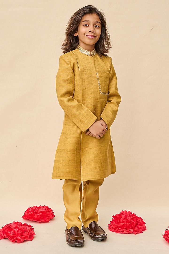 Marigold Yellow Double Matka Thread & Sequins Embroidered Achkan Kurta Set For Boys by All Boy Couture at Pernia's Pop Up Shop