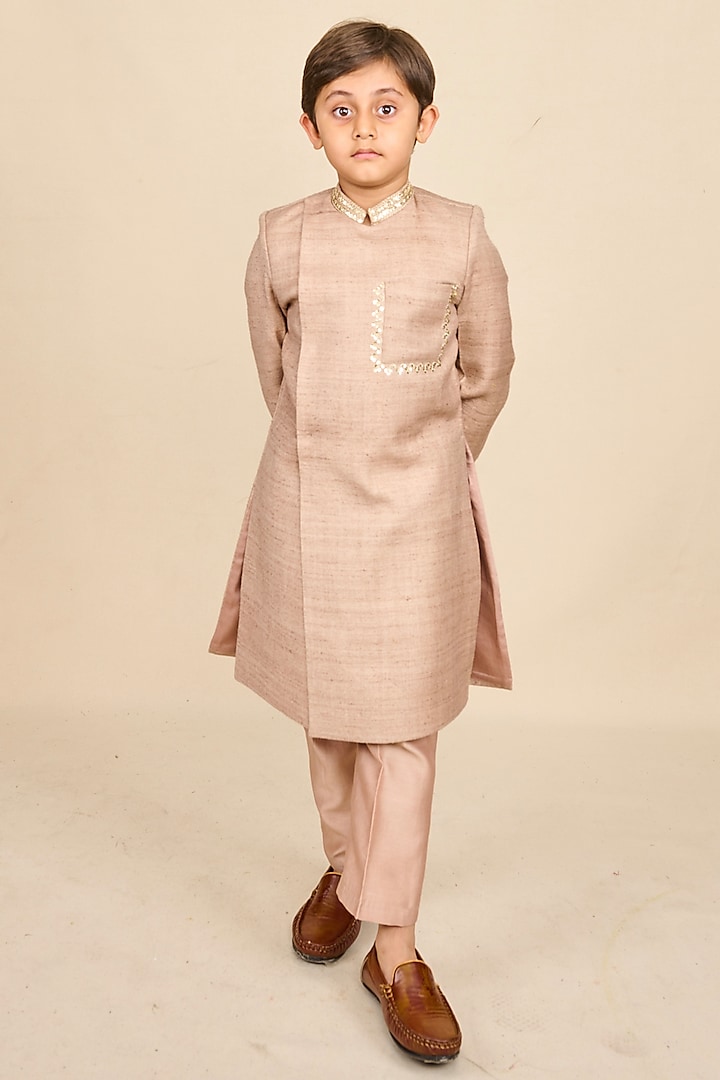 Nude Double Matka Thread & Sequins Embroidered Achkan Kurta Set For Boys by All Boy Couture