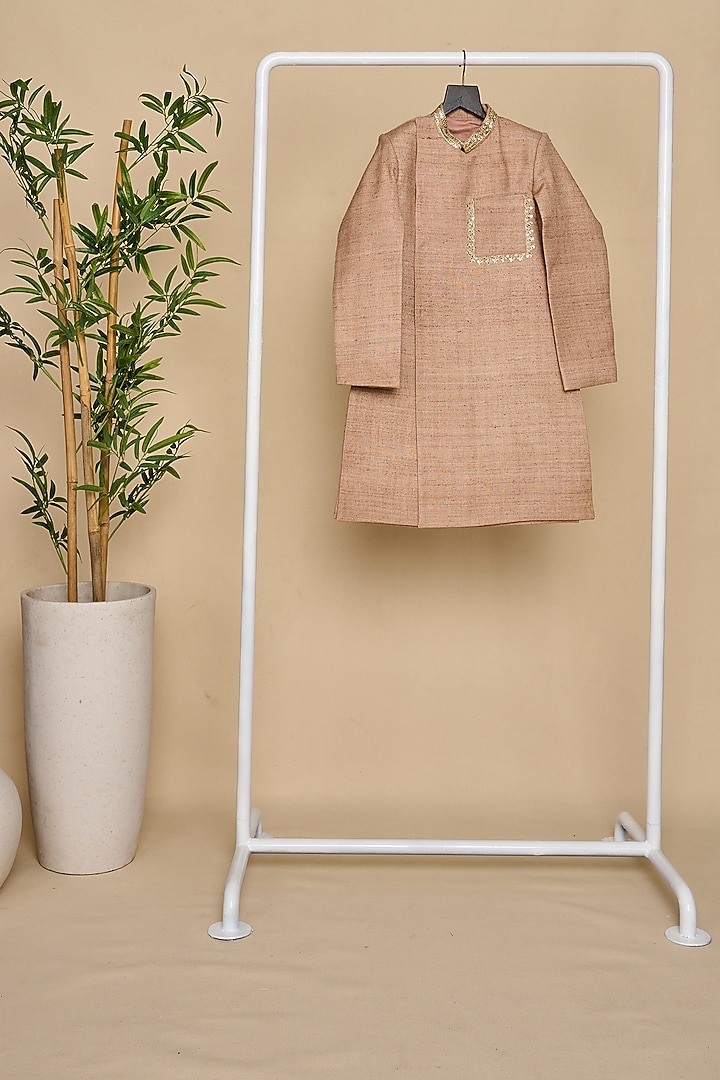 Nude Double Matka Thread & Sequins Embroidered Achkan Kurta Set For Boys by All Boy Couture at Pernia's Pop Up Shop