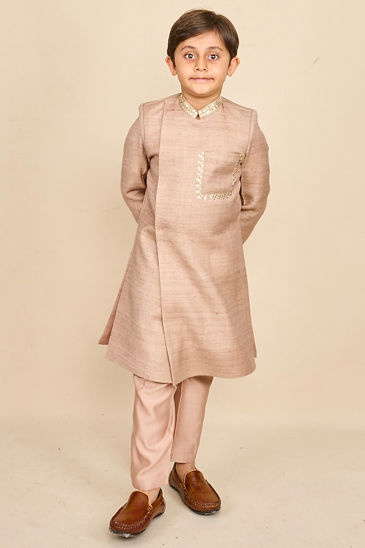 Nude Double Matka Thread & Sequins Embroidered Achkan Kurta Set For Boys by All Boy Couture at Pernia's Pop Up Shop
