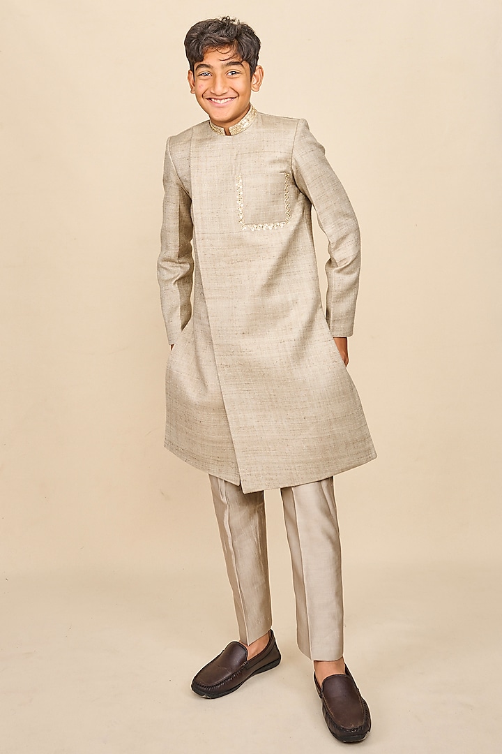 Light Grey Double Matka Thread & Sequins Embroidered Achkan Kurta Set For Boys by All Boy Couture