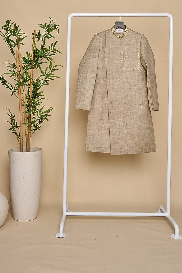 Light Grey Double Matka Thread & Sequins Embroidered Achkan Kurta Set For Boys by All Boy Couture at Pernia's Pop Up Shop