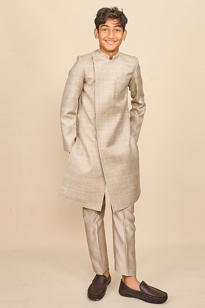 Light Grey Double Matka Thread & Sequins Embroidered Achkan Kurta Set For Boys by All Boy Couture at Pernia's Pop Up Shop