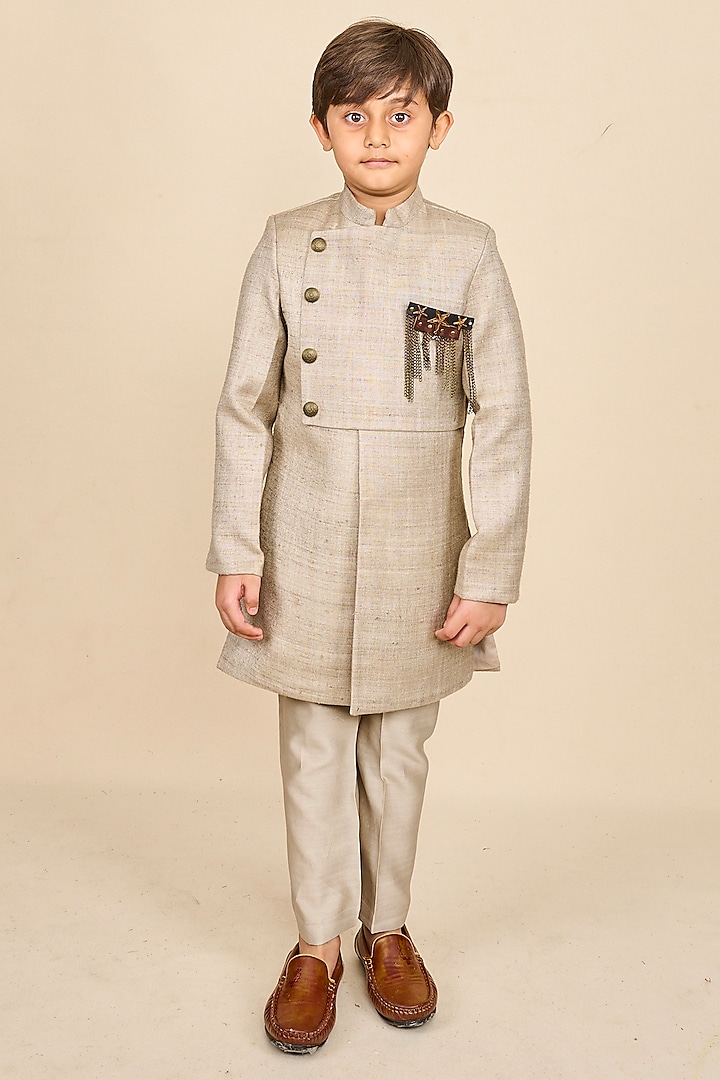 Light Grey Double Matka Achkan Kurta Set For Boys by All Boy Couture