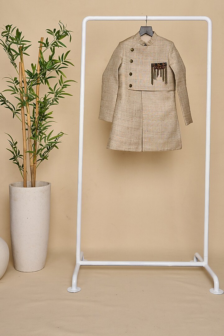 Light Grey Double Matka Achkan Kurta Set For Boys by All Boy Couture at Pernia's Pop Up Shop