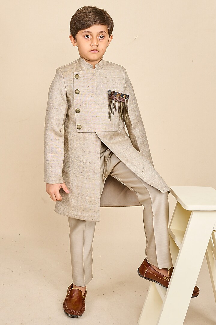 Light Grey Double Matka Achkan Kurta Set For Boys by All Boy Couture at Pernia's Pop Up Shop