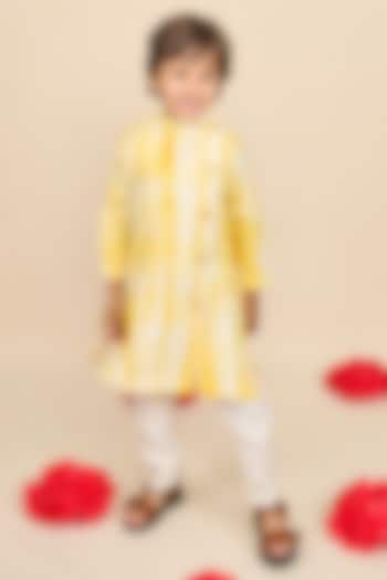 Canary Yellow Handloom Chanderi Embroidered Tie-Dyed Kurta Set For Boys by All Boy Couture