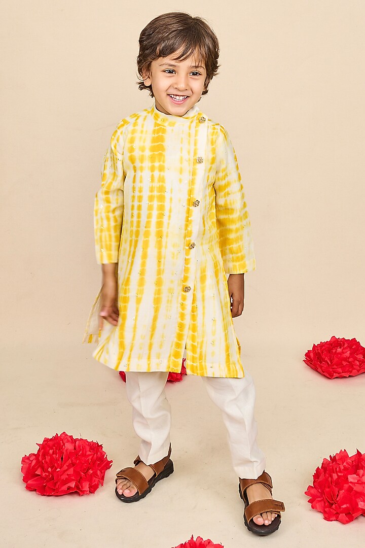 Canary Yellow Handloom Chanderi Embroidered Tie-Dyed Kurta Set For Boys by All Boy Couture