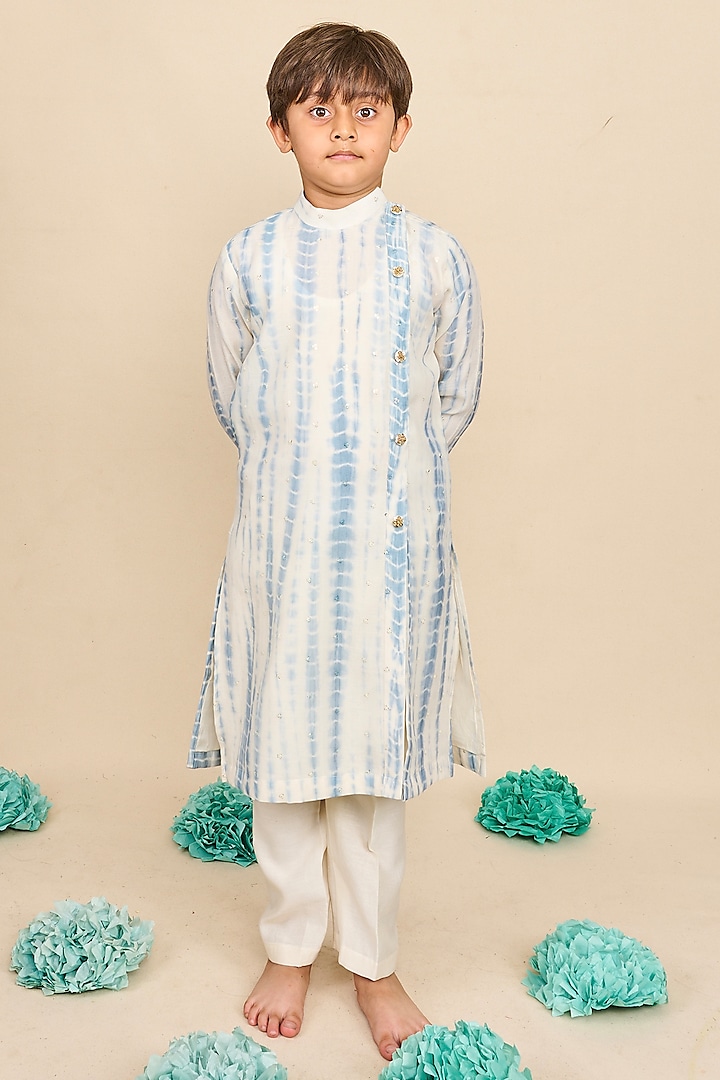 Carolina Blue Handloom Chanderi Embroidered Tie-Dyed Kurta Set For Boys by All Boy Couture