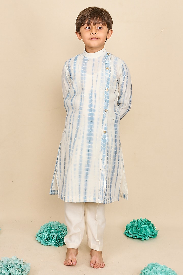 Carolina Blue Handloom Chanderi Embroidered Tie-Dyed Kurta Set For Boys by All Boy Couture at Pernia's Pop Up Shop