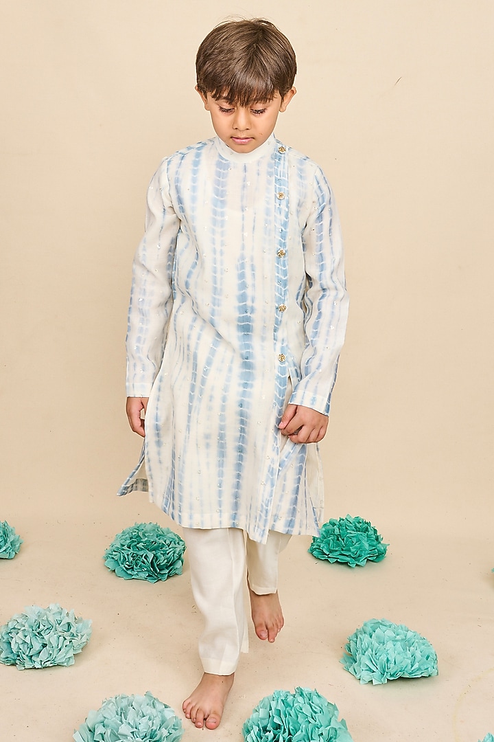 Carolina Blue Handloom Chanderi Embroidered Tie-Dyed Kurta Set For Boys by All Boy Couture at Pernia's Pop Up Shop