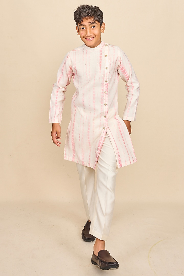 Flamingo Pink Handloom Chanderi Embroidered Tie-Dye Kurta Set For Boys by All Boy Couture