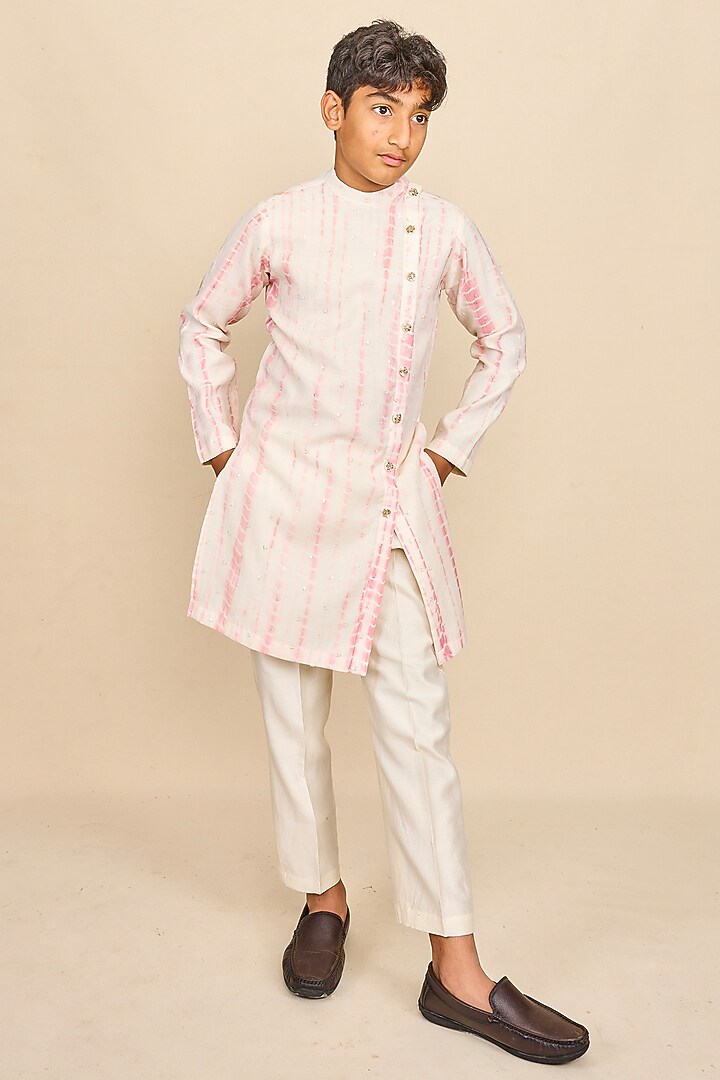 Flamingo Pink Handloom Chanderi Embroidered Tie-Dye Kurta Set For Boys by All Boy Couture at Pernia's Pop Up Shop