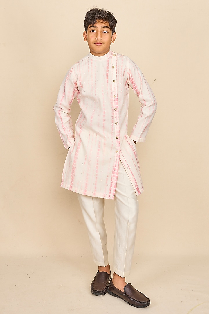 Flamingo Pink Handloom Chanderi Embroidered Tie-Dye Kurta Set For Boys by All Boy Couture at Pernia's Pop Up Shop
