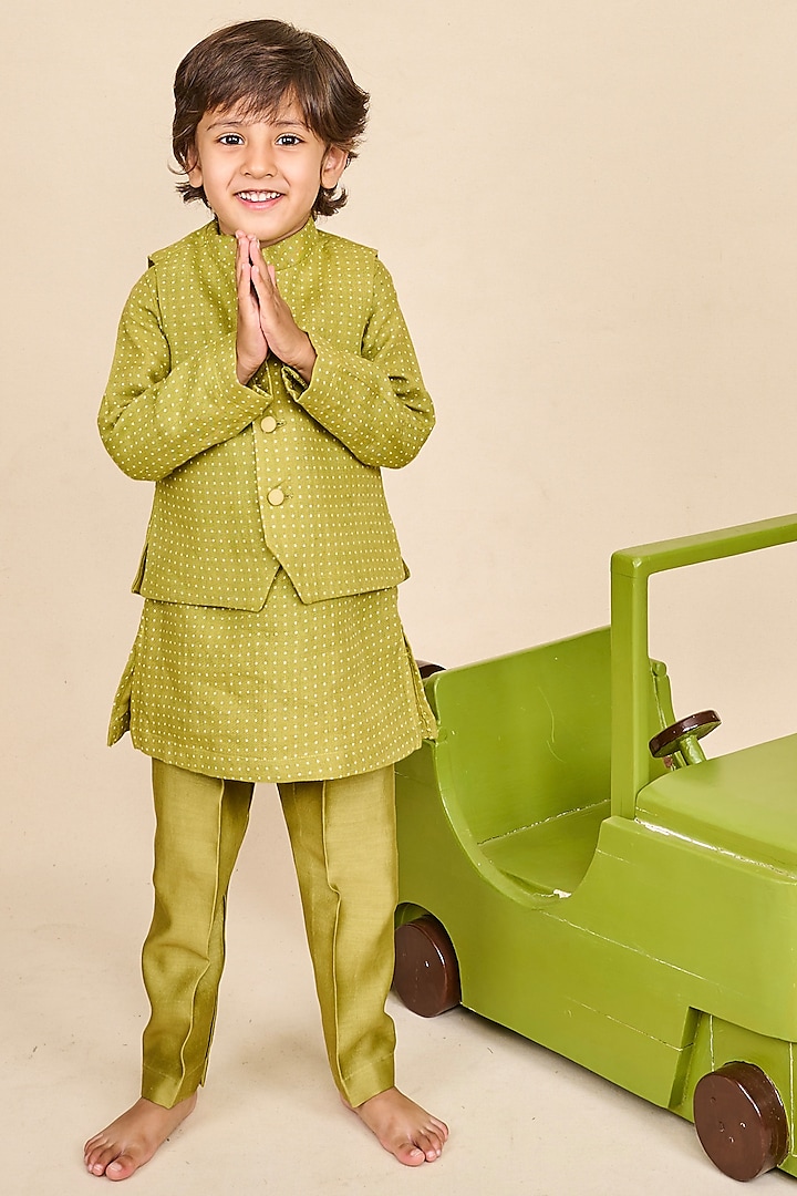 Pear Green Chanderi Zari Embroidered Achkan Jacket Set For Boys by All Boy Couture