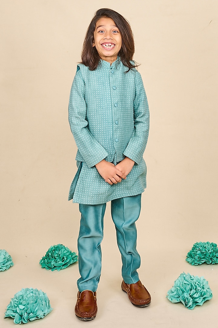 Carolina Blue Linen Polka Dot Printed Jacket Set For Boys by All Boy Couture