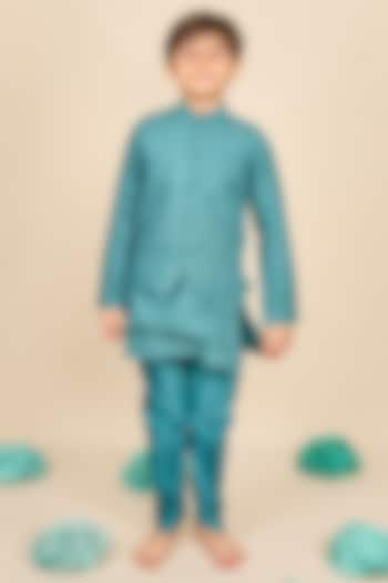 Teal Blue Linen Polka Dot Printed Jacket Set For Boys by All Boy Couture