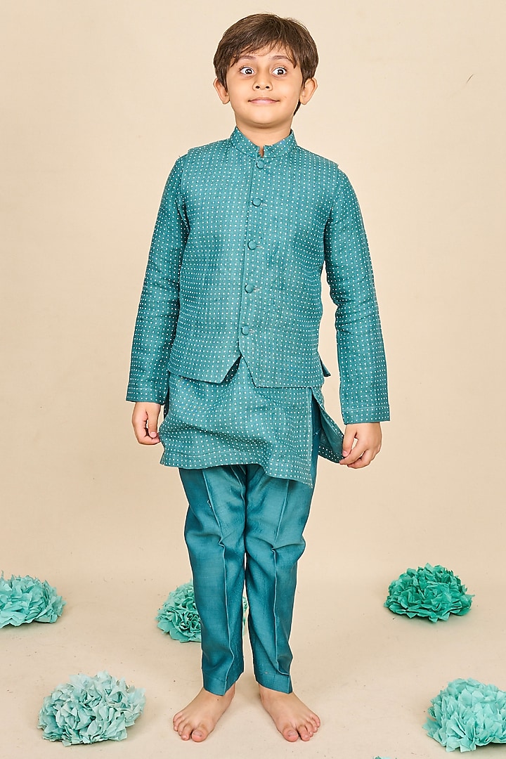 Teal Blue Linen Polka Dot Printed Jacket Set For Boys by All Boy Couture