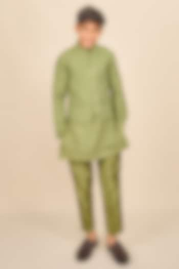 Olive Green Linen Polka Dot Printed Jacket Set For Boys by All Boy Couture at Pernia's Pop Up Shop