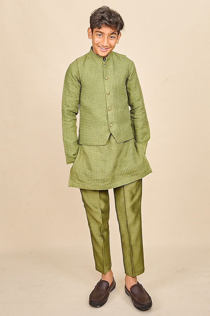 Olive Green Linen Polka Dot Printed Jacket Set For Boys by All Boy Couture at Pernia's Pop Up Shop