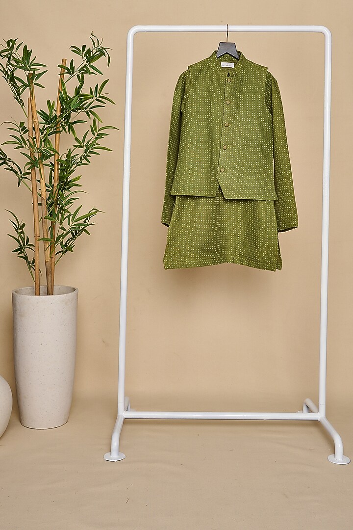 Olive Green Linen Polka Dot Printed Jacket Set For Boys by All Boy Couture at Pernia's Pop Up Shop