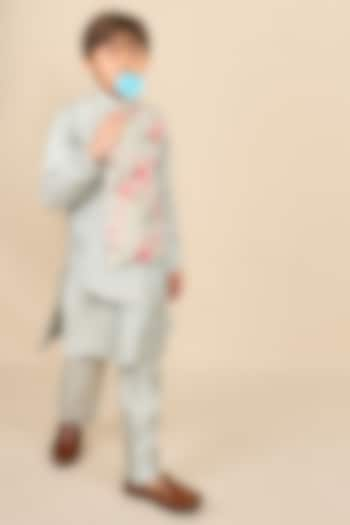 Frost Blue Linen Floral Printed High-Low Jacket Set For Boys by All Boy Couture