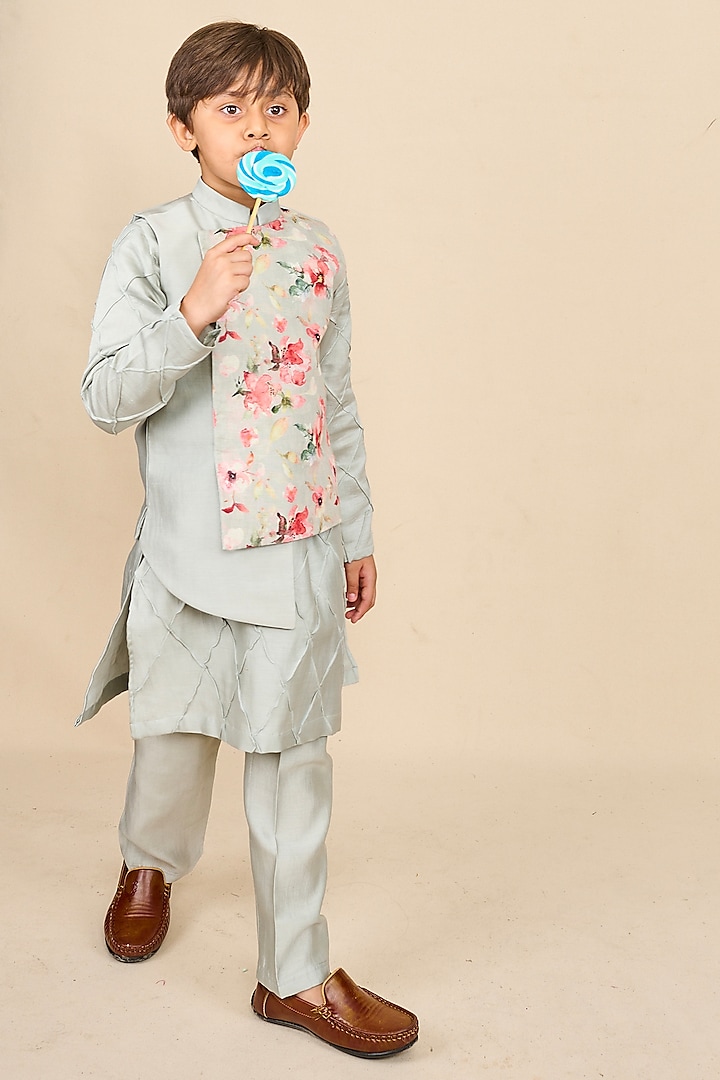 Frost Blue Linen Floral Printed High-Low Jacket Set For Boys by All Boy Couture