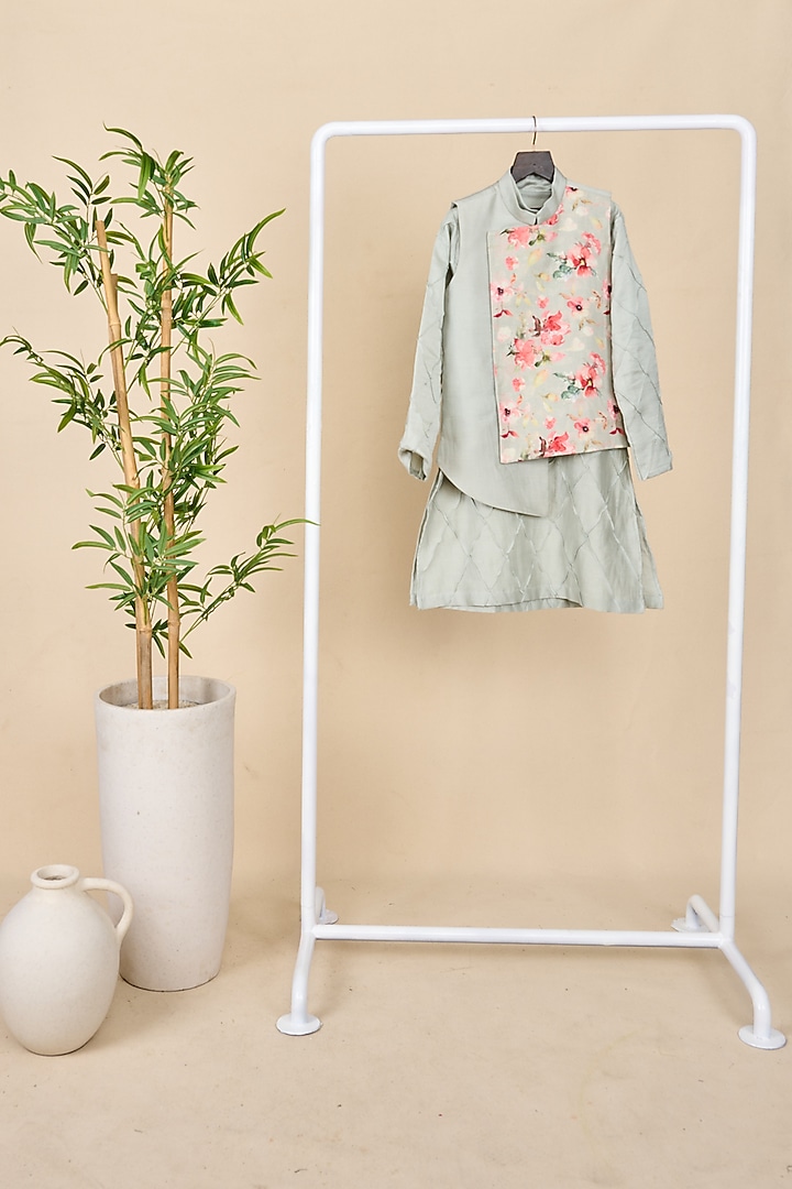 Frost Blue Linen Floral Printed High-Low Jacket Set For Boys by All Boy Couture at Pernia's Pop Up Shop