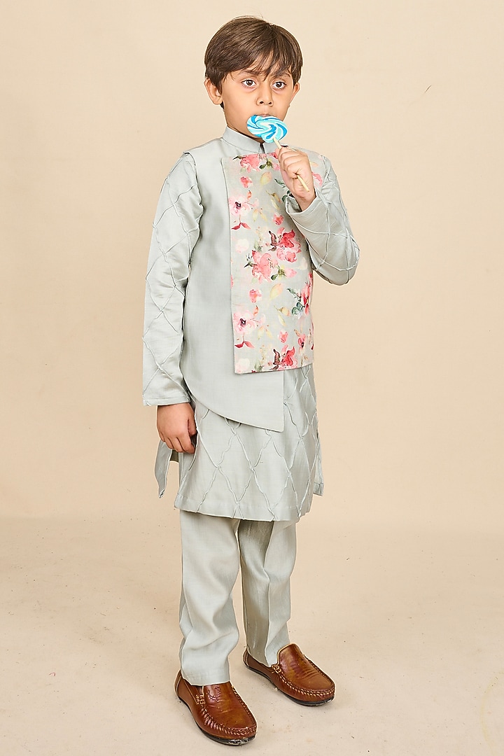 Frost Blue Linen Floral Printed High-Low Jacket Set For Boys by All Boy Couture at Pernia's Pop Up Shop