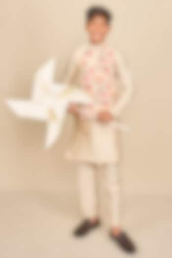 Ivory Linen Floral Printed High-Low Jacket Set For Boys by All Boy Couture at Pernia's Pop Up Shop