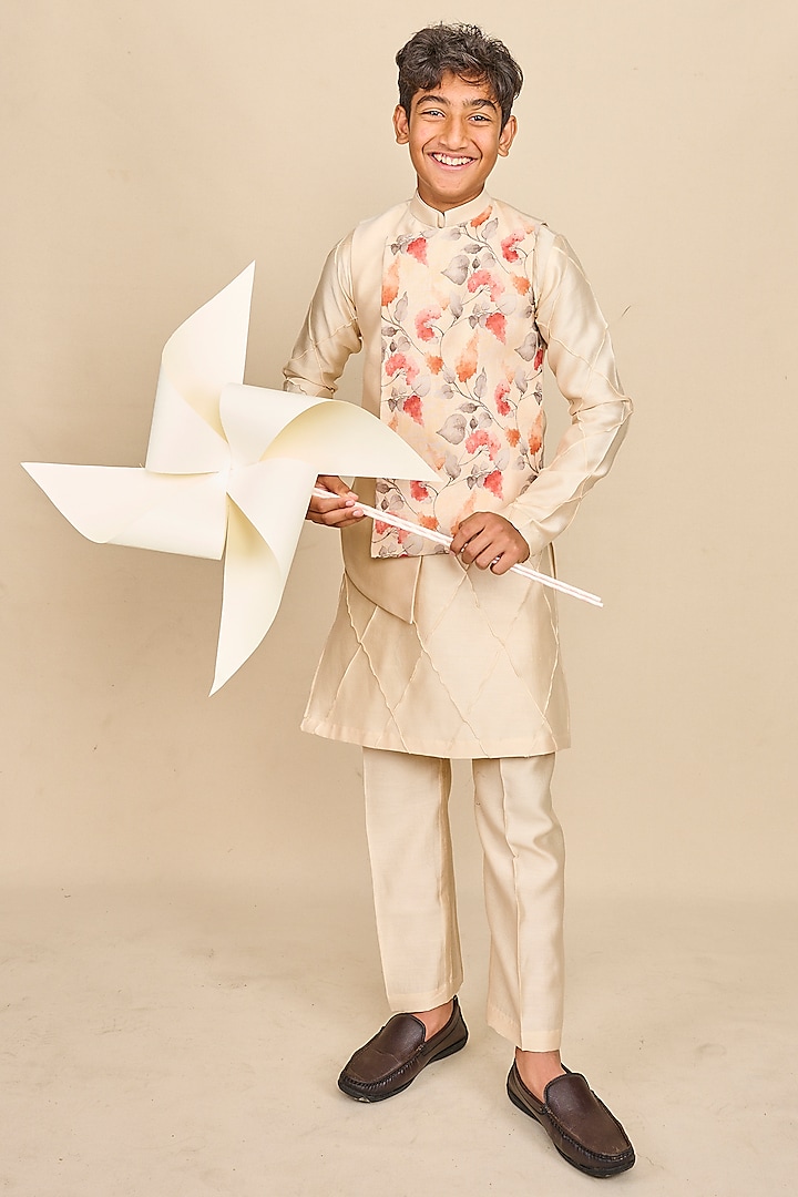 Ivory Linen Floral Printed High-Low Jacket Set For Boys by All Boy Couture at Pernia's Pop Up Shop