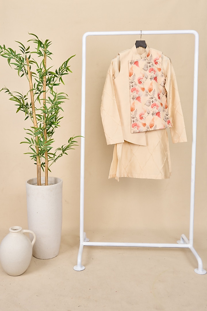 Ivory Linen Floral Printed High-Low Jacket Set For Boys by All Boy Couture at Pernia's Pop Up Shop